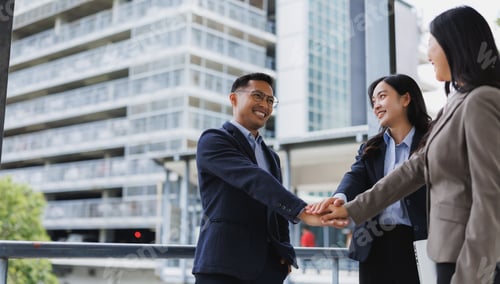 Preview: Business team joining hands celebrating success in urban setting