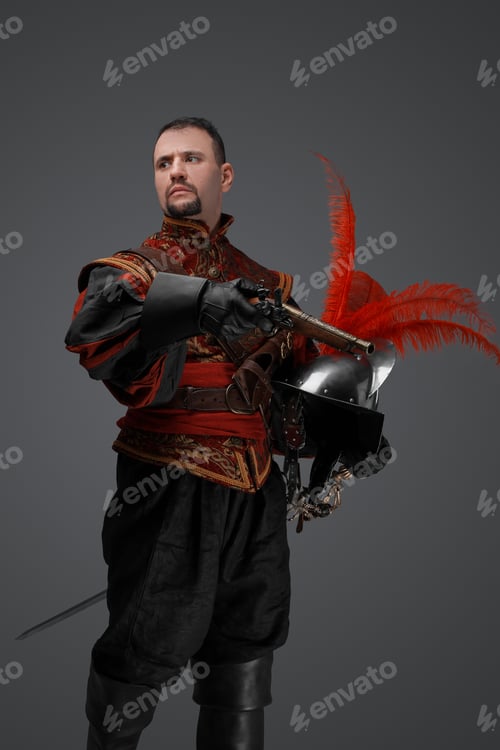 Preview: Brave conquistador with flintlock handgun against grey background