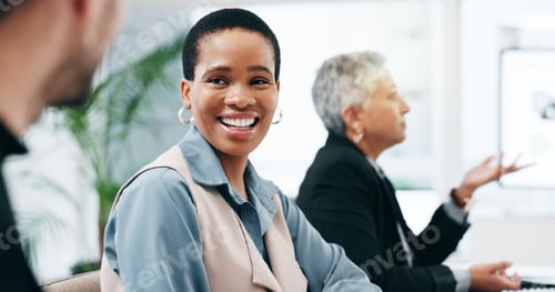 Preview: Business, black woman and talking to team in office for discussion, communication or conversation.
