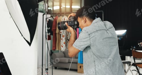 Preview: Photography, fashion and creative with man in studio for magazine production, backstage and wardrob