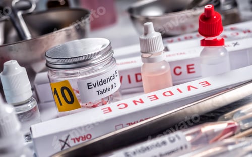 Preview: Hematological analysis with forensic test kit in a murder in a crime lab, conceptual image