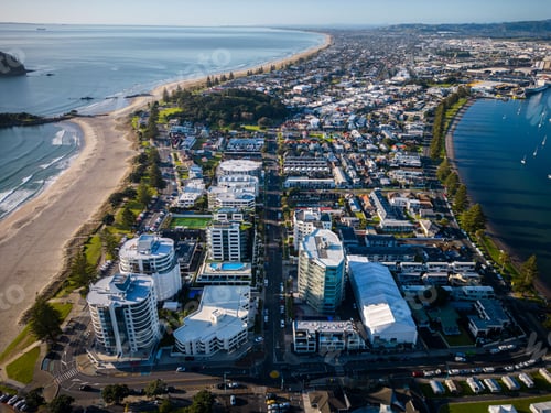 Preview: Aerial view of Mount Maunganui with Bay of Plenty and modern buildings, Tauranga, New Zealand