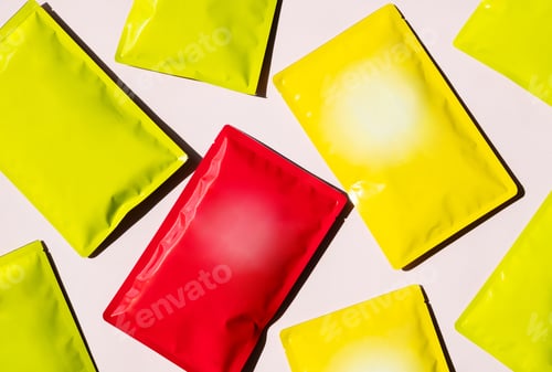 Preview: Blank Plastic Pouches Arranged Across Flat Surface. Many Foil Packets for Product Packaging Mockup.
