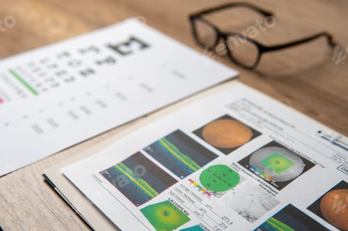 Preview: A pair of eyeglasses and a macular report including eye charts and OCT scans.