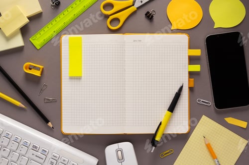 Preview: Business or student workplace and stationary supplies on table. Study learning concept idea