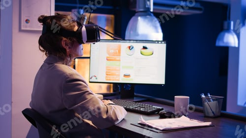 Preview: Corporate advisor planning report with vr glasses at desk