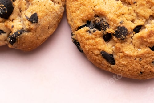 Preview: Cookie with chocolate chip with selective focus on pink dish, close-up