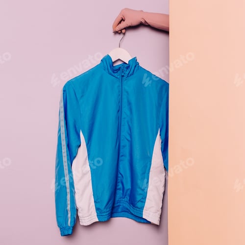 Preview: Stylish sportswear. Minimal fashion. Blue jacket on a hanger. Wa