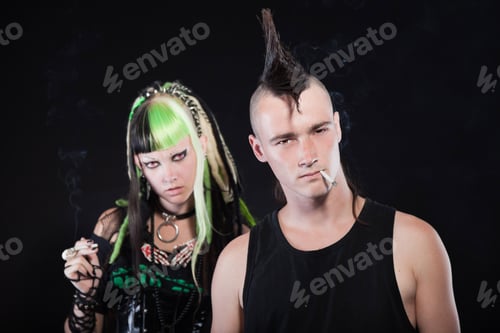 Preview: Couple Of Cyber Punk Girl With Green Blond Hair And Punk Man With Mohawk Haircut. Expressive Faces