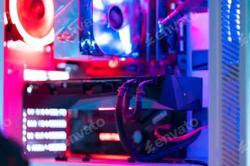 Preview: a bright new pc desktop computer with colorful light parts, workstation device