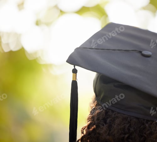 Preview: Graduation cap, thinking and woman outdoor planning future with education achievement. University o