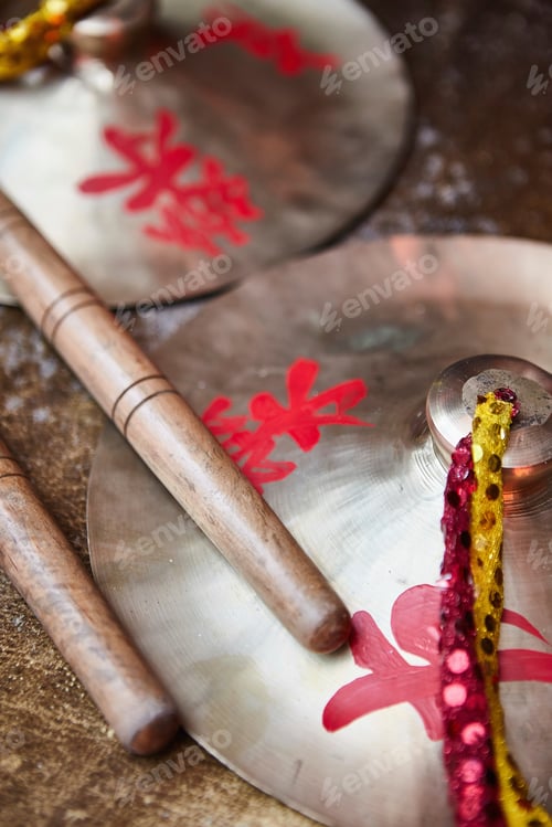 Preview: Close up of drum sticks and cymbals for dragon dance ceremony, Macau
