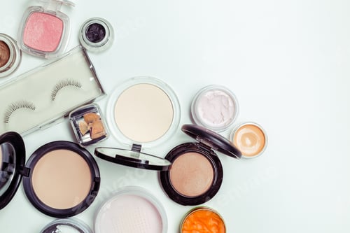 Preview: Brush and cosmetic isolated on a white background. Top view.