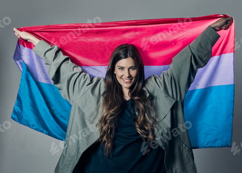 Preview: Bisexual flag, pride and happy woman, lgbtq and freedom to love, inclusion and equality, protest fo