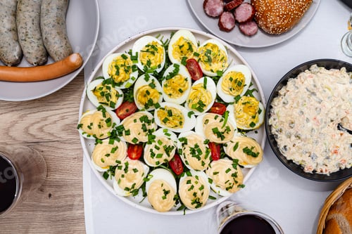 Preview: Traditional dishes from Poland for Easter breakfast, visible eggs with mayonnaise and stuffing.