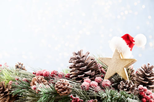 Preview: Christmas bokeh background with snow fir tree.
