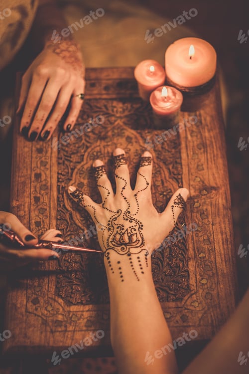Preview: Drawing process of henna menhdi ornament on woman's hand