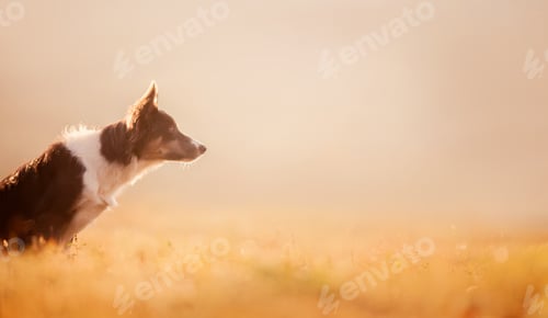 Preview: Border Collie dog sits in a field. Pet on the nature in the morning at dawn in the fog