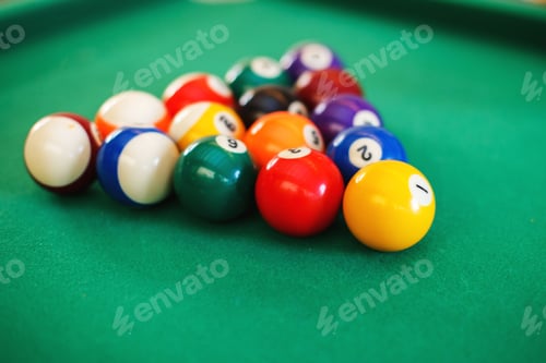 Preview: balls on a billiard table in a triangle. game of American billiards