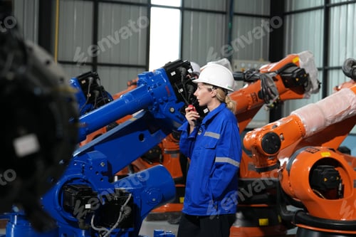 Preview: Robotics engineer working on maintenance of robotic arm in factory warehouse. Business technology.