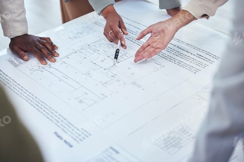 Preview: Architecture, construction team and hands with blueprint for planning, building strategy and estate