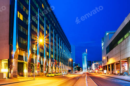 Preview: Tallinn, Estonia. Night View Of Hotel Building In Evening Or Nig