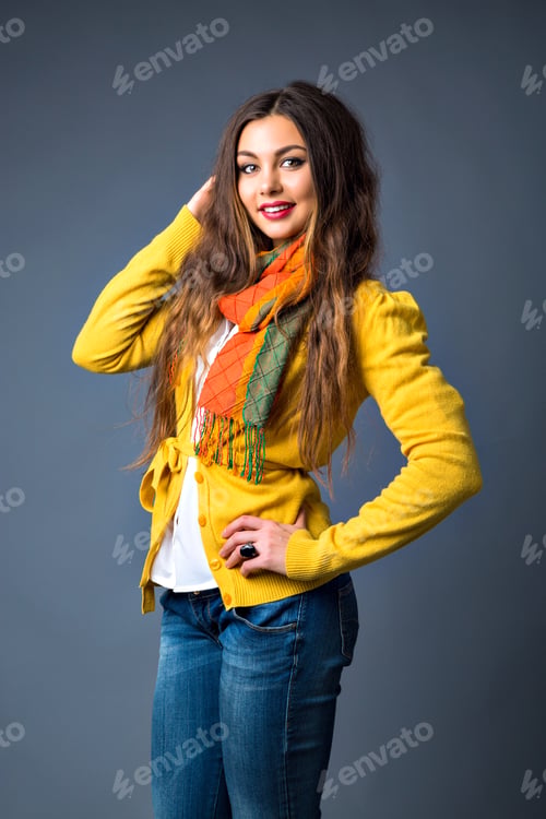Preview: Stylish fashion portrait of pretty brunette woman, amazing long hairs, bright make up