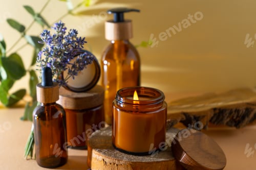 Preview: Soy candles in a glass jar. Aromatherapy. Burning candle and lavender.