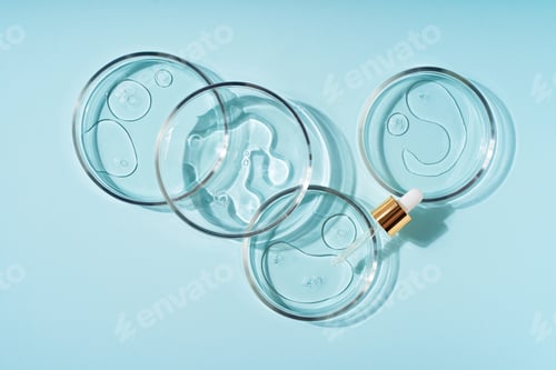 Preview: Face care with dropper in petri dish on blue background