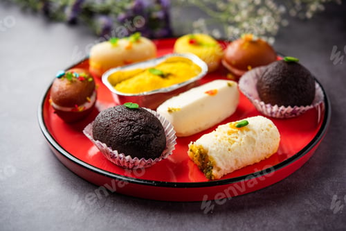 Preview: Malai Chop or Cream sandwich which is a bengali sweet, with kala jamun or black gulab jamun