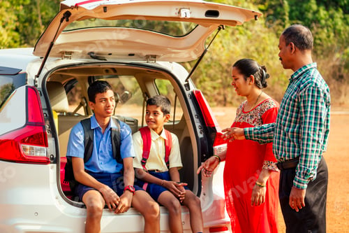 Preview: indian family buying a new car and ready to go on beach vacation