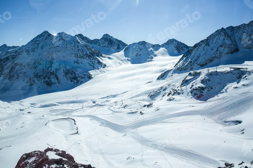 Preview: Winter landscape - Panorama of the ski resort with ski slopes. Alps. Austria. Pitztaler Gletscher