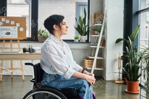 Preview: beautiful dedicated businesswoman in elegant attire sitting in wheelchair and looking away