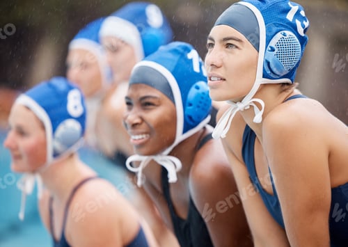 Preview: Woman water polo team, focus and game with strategy, goals or support with exercise, motivation or