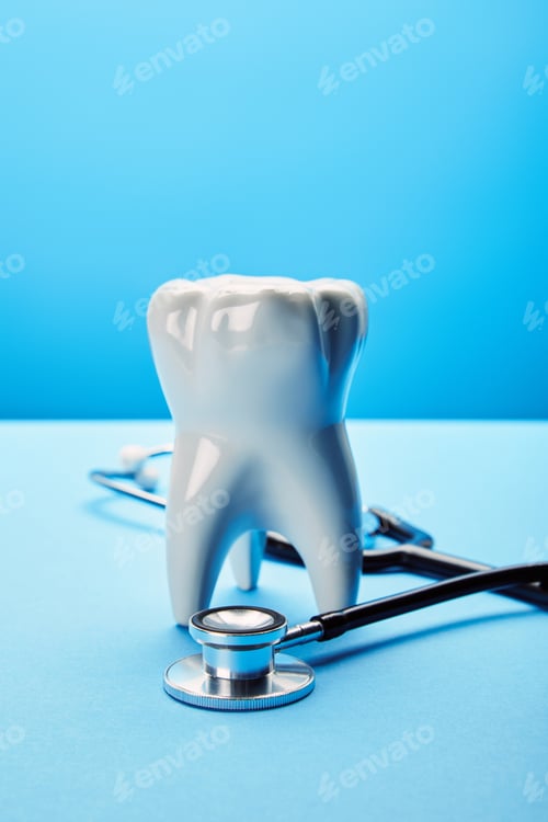 Preview: close up view of white tooth model and stethoscope on blue backdrop
