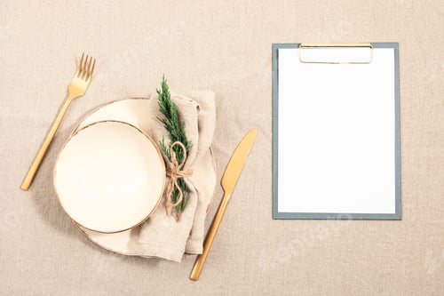 Preview: Christmas festive menu mockup scene. Empty plate and fir tree branches on linen table cloth in