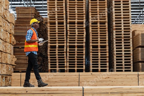 Preview: african man checking the quality of wooden products at workshop