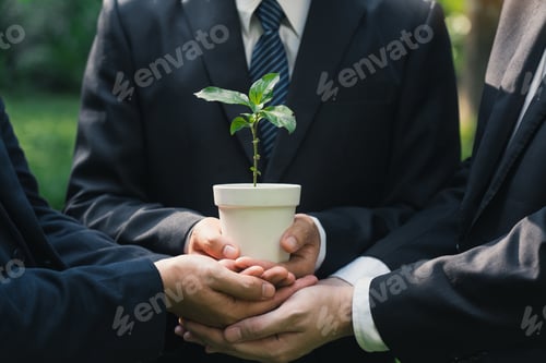Preview: Earth Day Environmental, Business hands holding a plant pot with green plants in the ground together