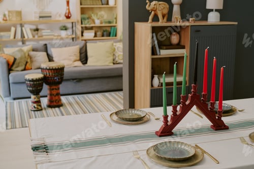 Preview: Kwanzaa Kinara with Candles Standing on Dining Table in Modern Living Room
