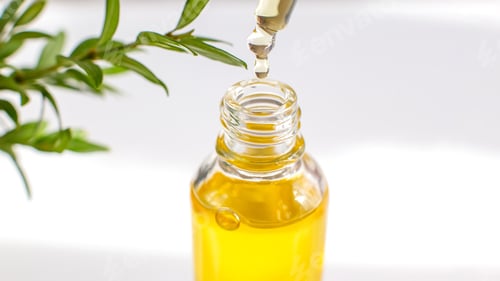 Preview: A drop of yellow essential or organic oil in a glass pipette above the bottle
