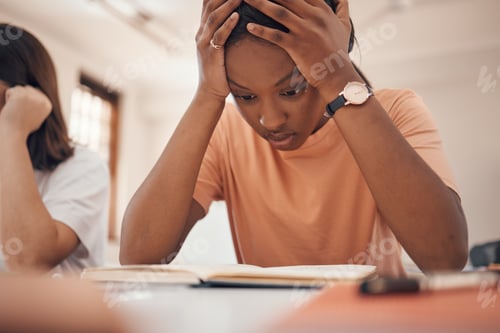 Preview: Exam stress, studying and student reading, classroom learning and headache from education. Anxiety,