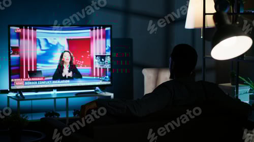 Preview: Relaxed person watching breaking news on television at night