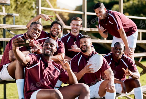 Preview: Selfie, peace sign and rugby team with phone ready for exercise, sports training and workout on fie