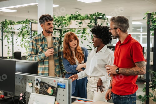 Preview: Portrait of four happy diverse company employees during a meeting in an office