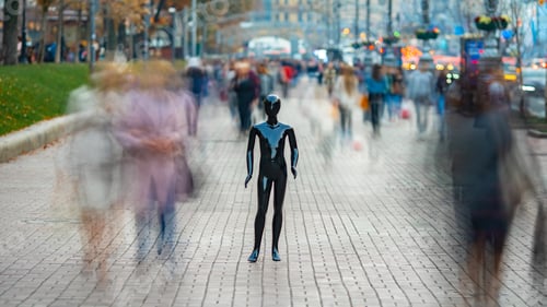 Preview: The dummy standing on the street among the stream of people