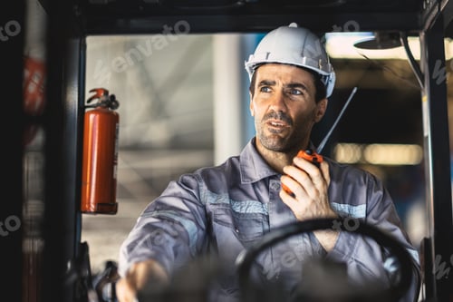 Preview: closeup driver worker male working in plant factory using radio command order conversation with team