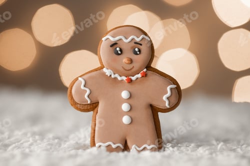 Preview: Christmas gingerbread cookie cookies on a xmas ligths background. Festive mood. Winter holidays.