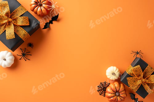 Preview: Halloween flat lay scene with pumpkins, gift boxes, bats, and spiders on an orange background