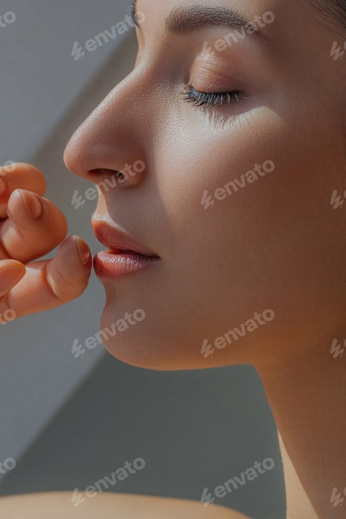 Preview: Cute young woman in sunlight bringing her hand to her mouth