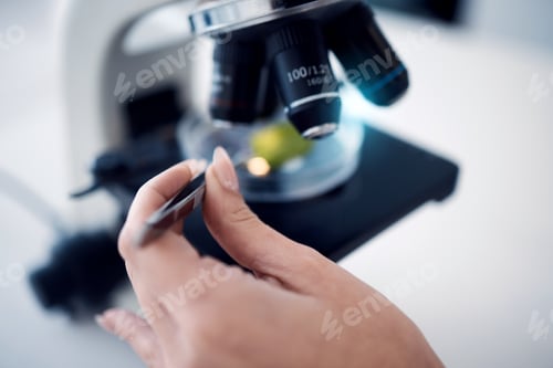 Preview: Science, scientist hand with tweezers and microscope with test sample zoom, research for scientific